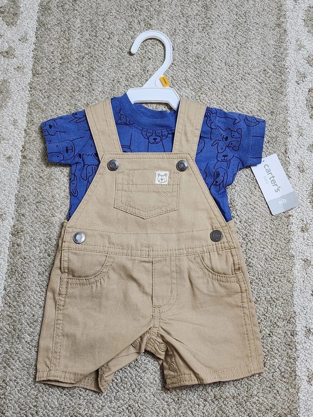 Carter’s Baby Boy Dog Print Shirt & Khaki Shortalls Set NB NWT
